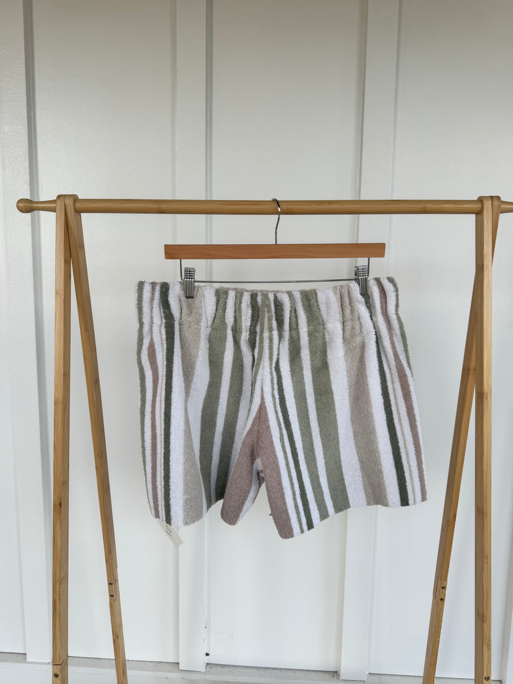 L - Green and Tan Striped Towel Shorts