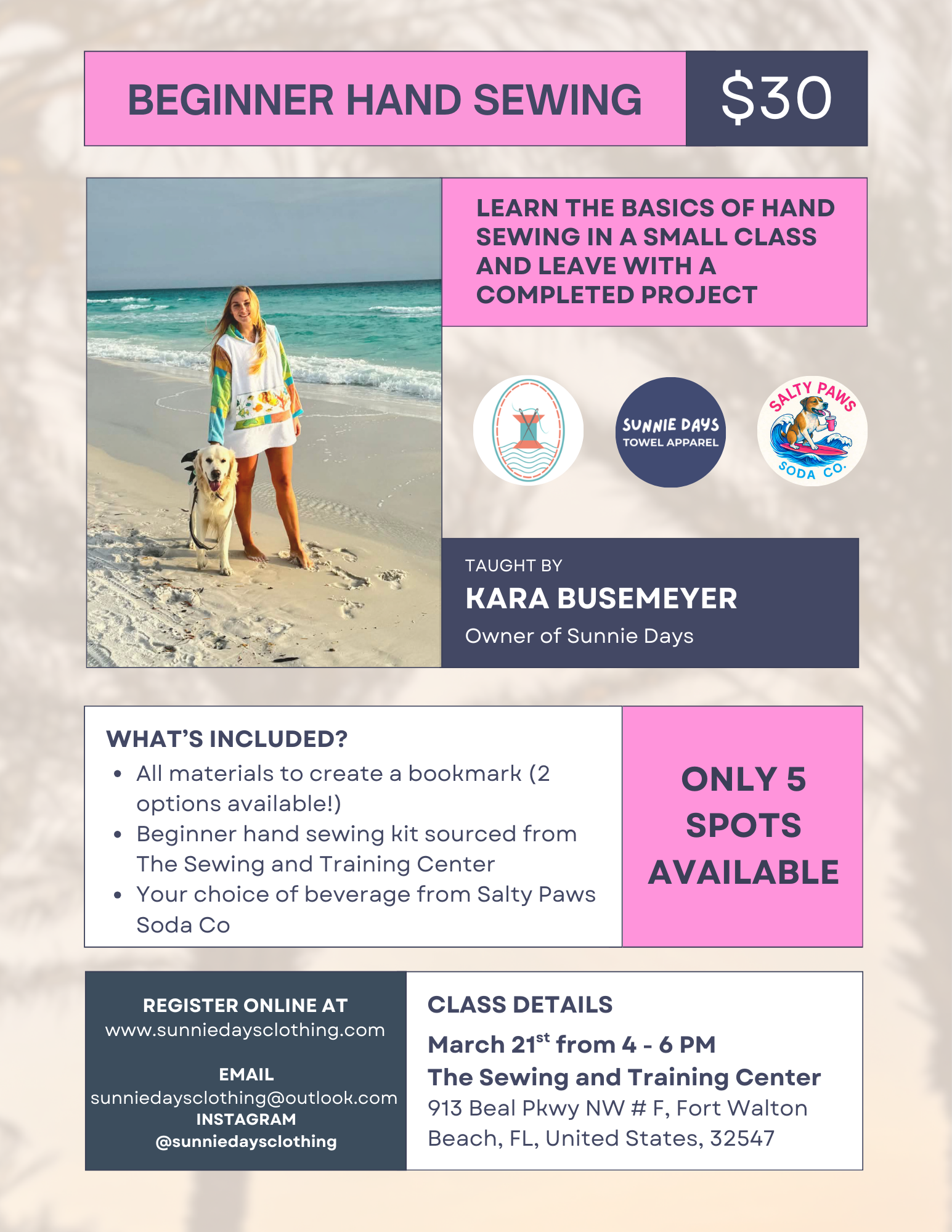 Beginner hand-sewing class on 3/21/2026