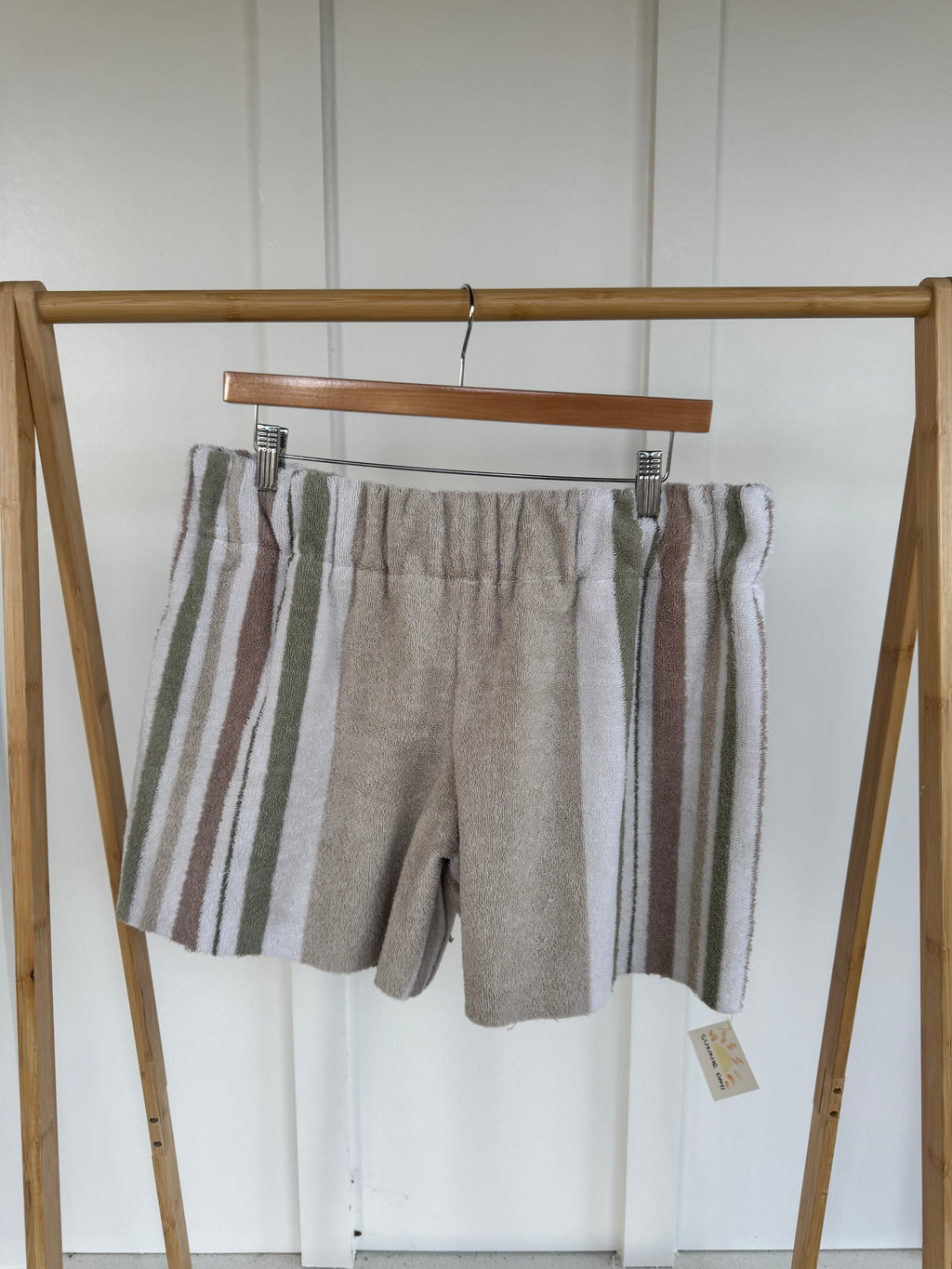 L - Green and Tan Striped Towel Shorts