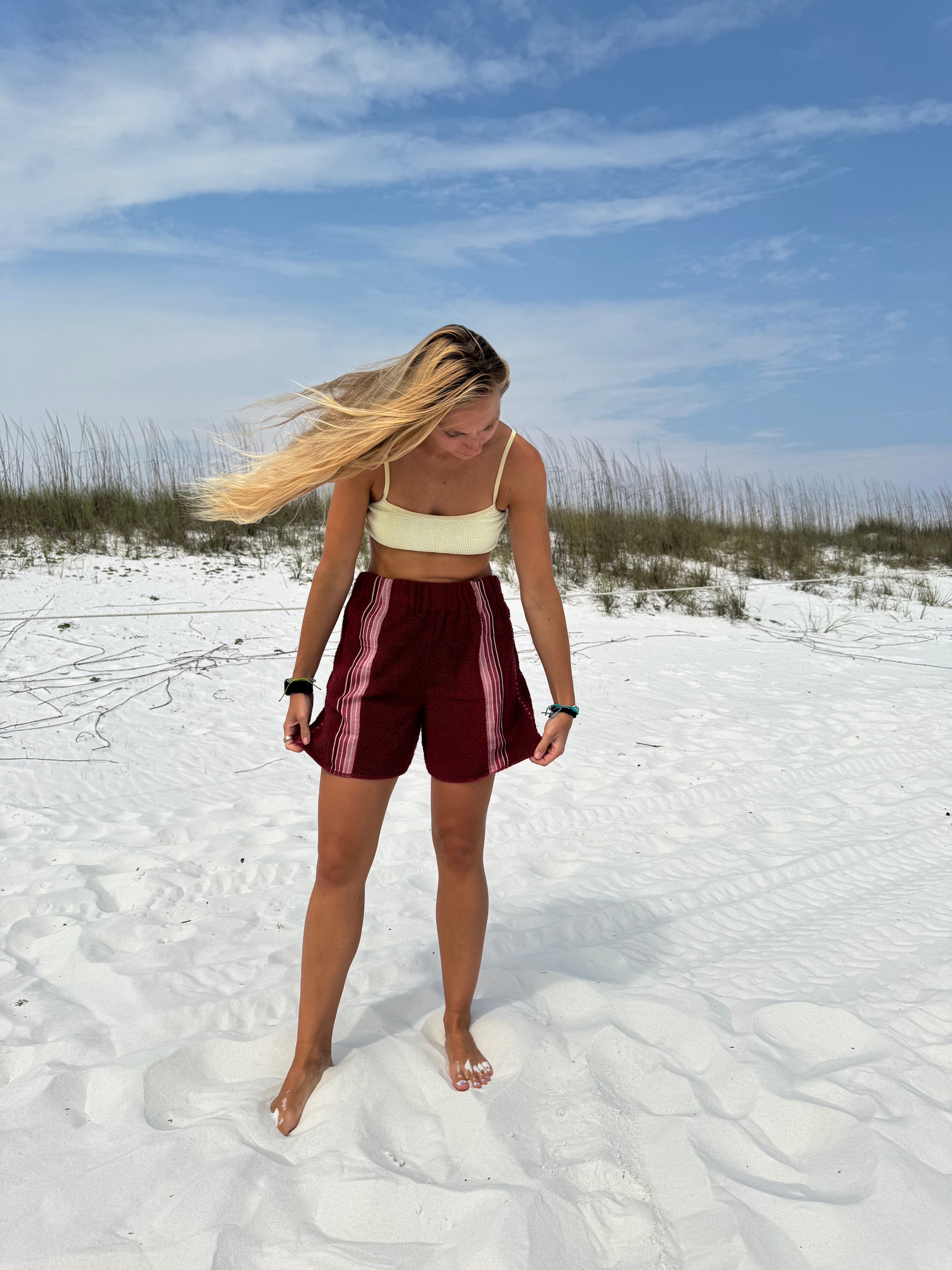 Maroon striped towel shorts - M/L